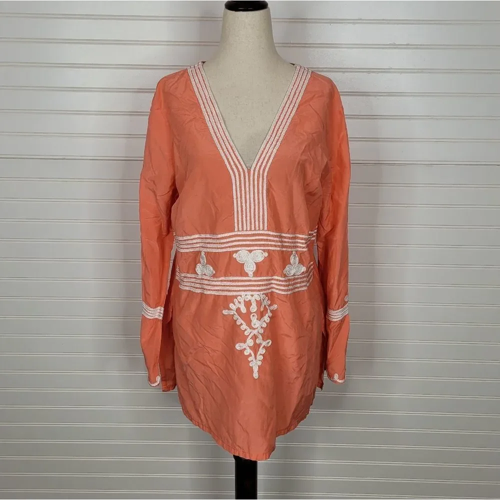 J. McLaughlin Coral Silk Embroidered Longsleeve Top